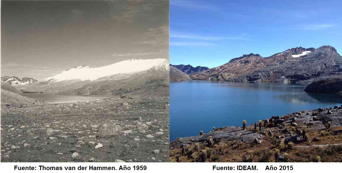 Comparativo del sitio Cerros de la Plaza en el Nevado de El Cocuy en 1959 y 2015. Fotos: Thomas van der Hammen e Ideam.