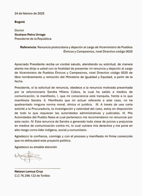 Carta de renuncia del viceministro de Igualdad