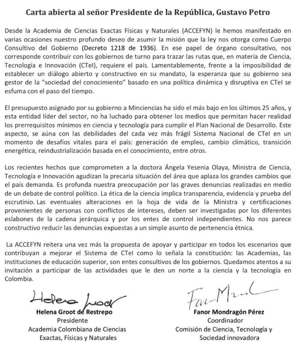 Carta abierta al señor Presidente de la República, Gustavo Petro
