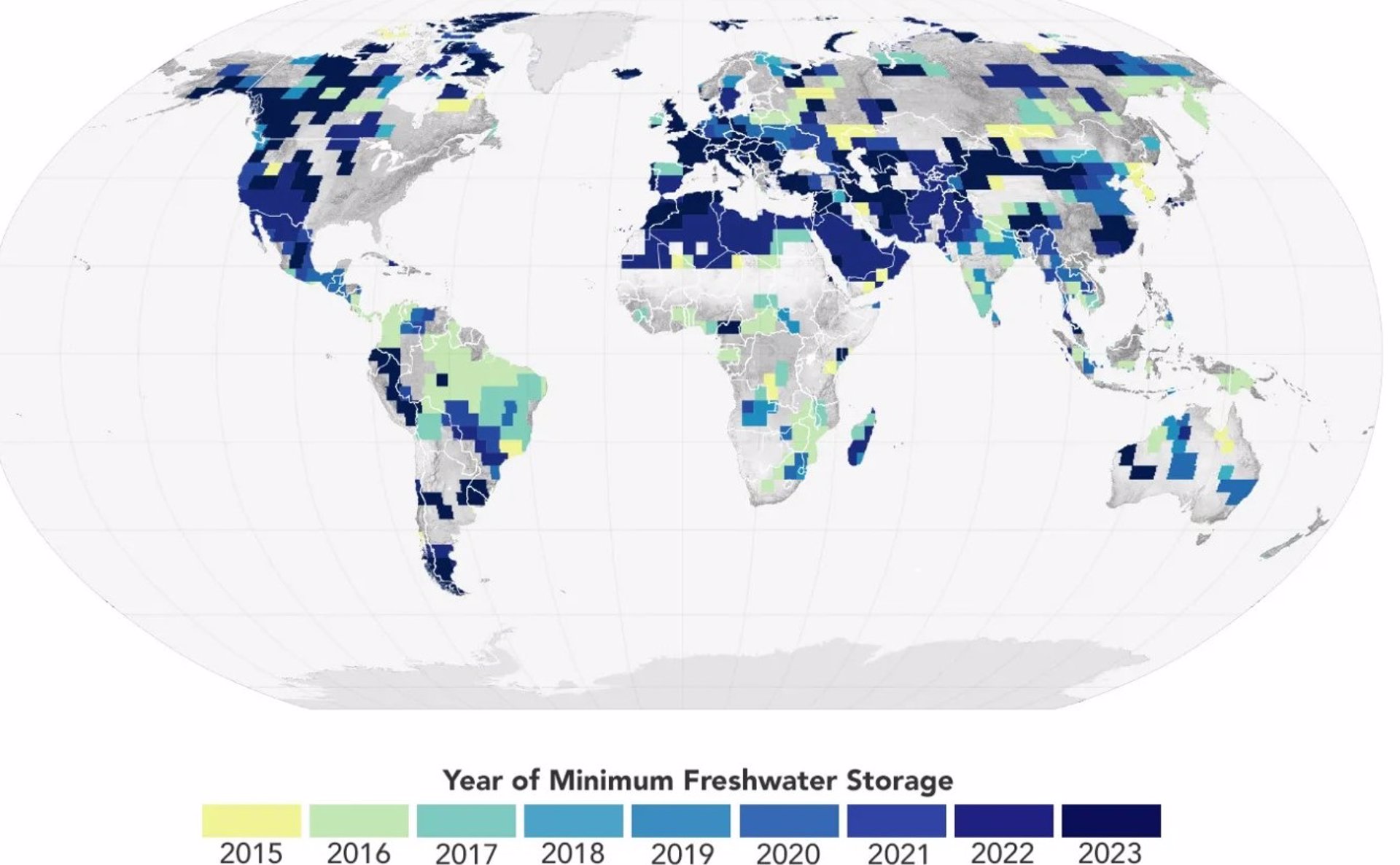 Este mapa muestra los años en que el almacenamiento de agua terrestre alcanzó un mínimo de 22 años (es decir, la tierra estaba más seca) en cada ubicación, según datos de los satélites GRACE y GRACE/FO. - NASA EARTH OBSERVATORY/WANMEI LIANG