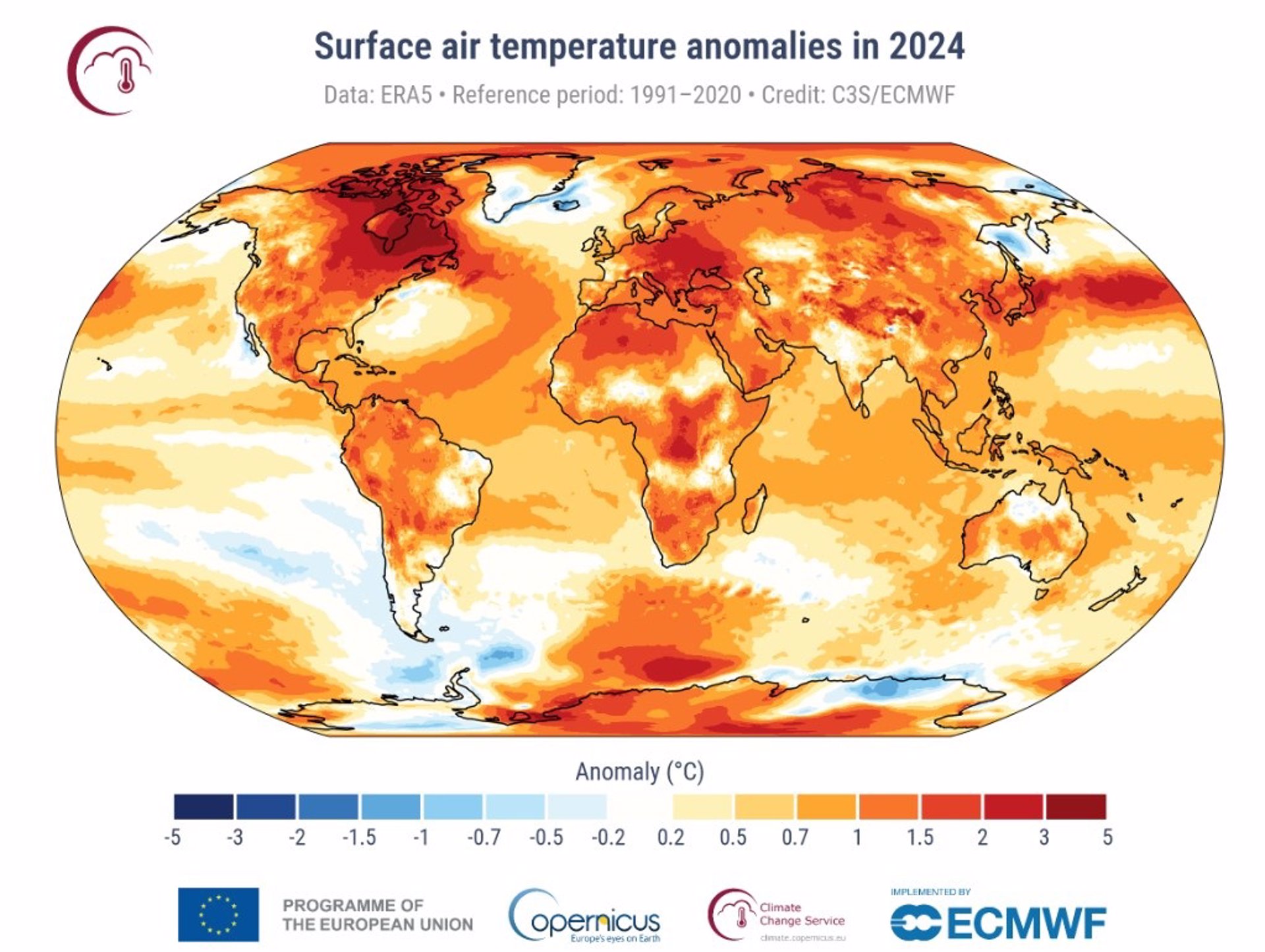 Anomalías de la temperatura del aire en la superficie para 2024 en relación con el promedio del período de referencia 1991-2020. - C3S / ECMWF.